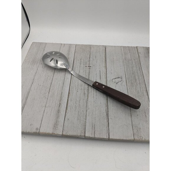 Vintage Slotted Holes Spoon Strainer Stainless Steel Wood Handle 12" - Picture 4 of 6
